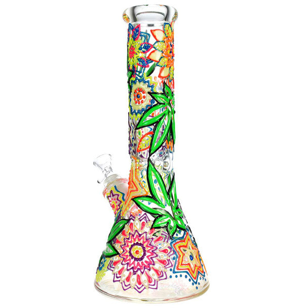 Mandala Hemp Leaf Beaker Water Pipe - 12.75"/14mm F