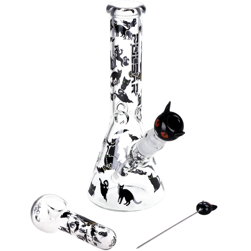 Pulsar Superstitious Kitty GLOW Glass Herb Pipe Duo - 9.75" / 14mm F